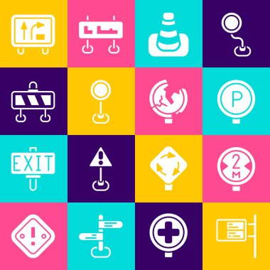 Set ublic transport board Road traffic sign Parking Traffic cone barrier and icon. Vector.