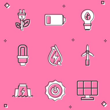 Set Electric saving plug in leaf Battery Light bulb with LED light Water energy Wind turbine Hydroelectric dam and Power button icon. Vector.