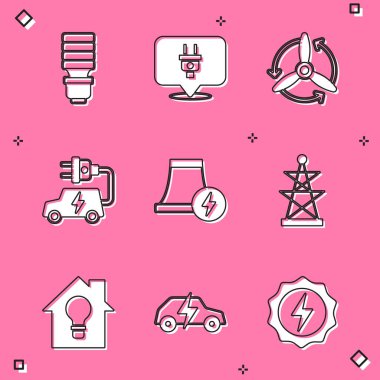 Set LED light bulb Electric plug Wind turbine car Nuclear power plant tower Smart house and and icon. Vector.