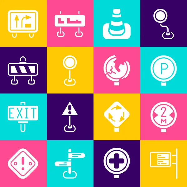 Ublic taşıma panosu trafik levhası park trafik konisi bariyeri ve simgesi koyun. Vektör.