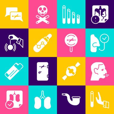 Sigara içmeyi bırakmak, öksüren sağlıklı nefes alan, sigara içen elektronik hipnozu bırakmak sigara içmek ve ikon kullanmak yok. Vektör.