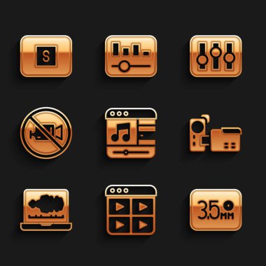 Set Music player playlist Audio jack Cinema camera Sound or audio recorder Prohibition no video recording mixer controller and Stop media button icon. Vector.