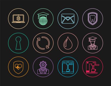 Mezuniyet şapkası Envelope Valentine kalp Refresh Laptop dolar damla ve Mezuniyet küresi ikonu ile hat kahve makinesi ve bardak mezuniyeti ayarla. Vektör.