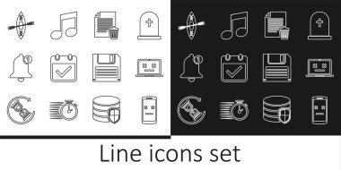 Satırı ayarla Ölü mobil dizüstü bilgisayar dosya belgesini Sil Takvimi işaretli Bell Kano ve Disket ve Müzik nota tonu simgesi ile birlikte. Vektör.