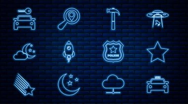 Taksi arabası Yıldız Çekici Roket gemisi, Cloud Moon ve yıldızlı araç kiralama polis rozeti ve arama konumu ikonu. Vektör.