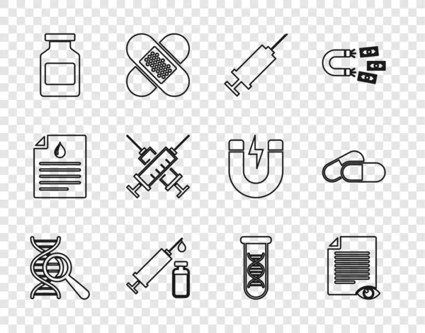 Set Line Dna Research Search Paper Page Eye Syringe Medical — Image vectorielle