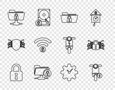 Hat kilidi elektrikli scooter dizinini ayarla ve FTP dizini Wifi 'nin Zaman Yönetimi ve Siber Güvenlik simgesini kilitlemesini sağla. Vektör.