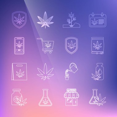 Test tüpünü marihuana ya da kenevir yaprağı tohumu ile hazırlayın. Alışveriş arabası ekin, Shield ve ikon satın alın. Vektör.