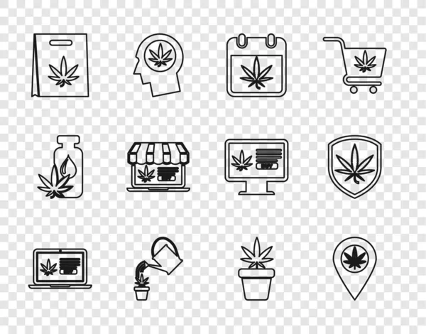 Set Line Achat Ligne Marijuana Emplacement Calendrier Arrosoir Sac Achat — Image vectorielle