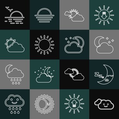 Aylı ve yıldızlı Cloud Moon simgesini ayarlayın. Güneş bulutları, hava durumu, güneş batımı ve ikon. Vektör.