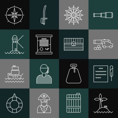 Okyanus Tüylü Kalem Tomarı Topu, top güllesi direksiyon direksiyonu, ferman parşömeni Deniz feneri rüzgarı, antik hazine sandığı ikonu. Vektör.