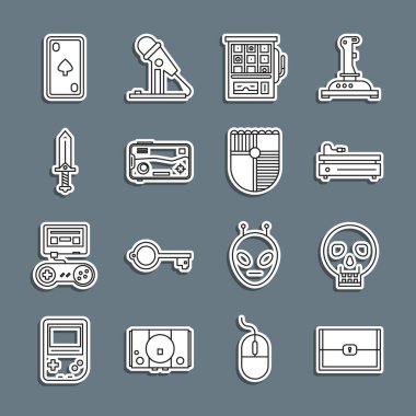 Skull Video oyun konsolu Slot makinesi Mobile için Satır Sandığı ayarlayın ve elmaslar ve Shield simgesi ile Kılıç Oynama kartı oynayın. Vektör.