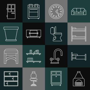 Yatak ranzası, yatak, televizyon masası, çiçek saksısı, kapalı kapı ve klozet ikonu. Vektör.