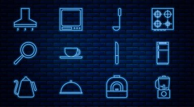 Hat Blender Blender Mutfak Kepçesi Kahve fincanı tava sökücü fan Bıçak ve Elektronik Pul ikonu. Vektör.