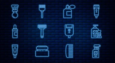 Hattı ayarla. Saç spreyi şişesi tıraş köpüğü tıraş köpüğü ve tıraş losyonu. Atom jileti bıyıklı, erkek ve saç fırçası ikonu. Vektör.