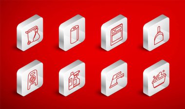 Sabun köpüklü plastik leğen, kağıt havlu rulo mutfak bulaşık makinesi faraş suyu tenekesi ve temizlik malzemesi ve ıslak zemin ilerleme ikonu için çöp torbası. Vektör.