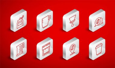 Kahve fincanını V60 kahve makinesine ayarlayın. Sohbet yeri olarak da fasulye öğütücü ve elektrikli su ısıtıcısı ikonunu kullanın. Vektör.