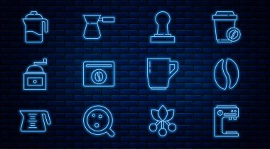 Kahve makinesi, kahve makinası, kahve poşeti, öğütücü, Fransız pres fincanı ve Türk ikonu. Vektör.