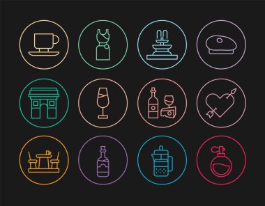 Set line Perfume Amour with heart and arrow Fountain Wine glass Triumphal Arch Coffee cup bottle cheese and Woman dress icon. Vector.