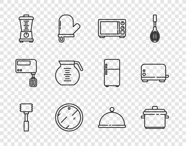 设置线厨房锤煮锅微波炉切菜板搅拌机咖啡涵盖托盘和烤面包机图标 — 图库矢量图片