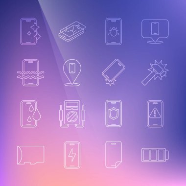 Hat Battery Mobile 'i ünlem işareti ile ayarla. Hammer Sistem Hatalı Telefon Tamir Servisi Su geçirmez Telefon Cam Ekran Koruyucusu ve Şok geçirmez Simge. Vektör.