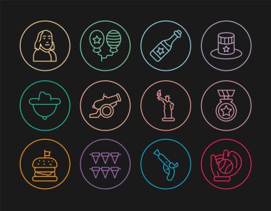 Beyzbol eldiveni ve top madalyalı şampanya şişesi Batılı kovboy şapkası Benjamin Franklin Özgürlük Heykeli ve Balon ikonu. Vektör.