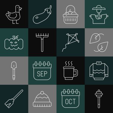 Çizgiyi Bal Çubuğu Kazak Yaprak Sepeti ve Yemek Bahçesi Tırmık Güvercini ve Kite ikonu 'na ayarla. Vektör.