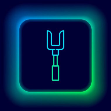 Parlayan neon hattı barbekü çatalı simgesi siyah arkaplanda izole edildi. Mangal çatalı tabelası. Barbekü ve ızgara aleti. Renkli taslak konsepti. Vektör.