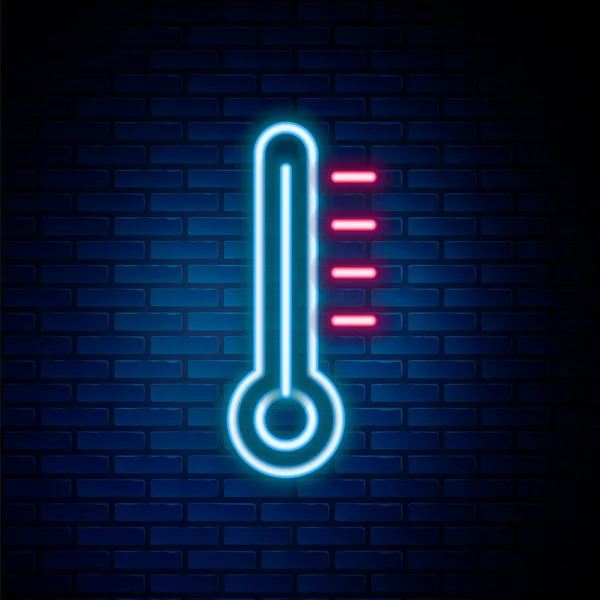 Leuchtendes Neon Line Meteorologie Thermometer Messsymbol Isoliert Auf Ziegelwand Hintergrund — Stockvektor