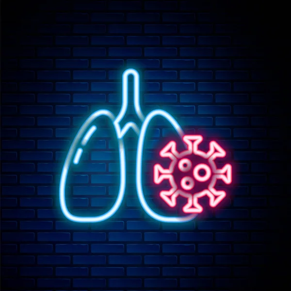 Glowing Neon Line Virus Cells Lung Icon Isolated Brick Wall — Stock Vector