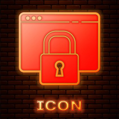 Parlayan neon ışığı sitenizi Https ile güvene alın, SSL simgesi tuğla duvar arka planında izole edildi. İnternet iletişim protokolü. Vektör İllüstrasyonu.