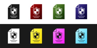 Set Contract with shield icon isolated on black and white background. Insurance concept. Security, safety, protection, protect concept. Vector..