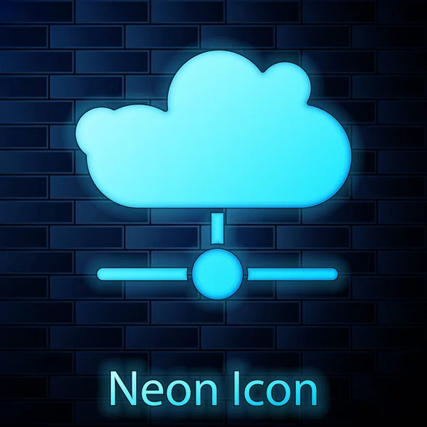 Glowing Neon Network Cloud Connection Icon Isolated Brick Wall Background — Stock Vector