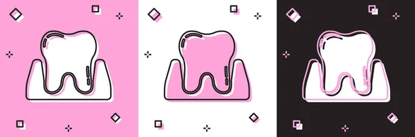 Diş Simgesini Pembe Beyaz Siyah Arkaplanda Izole Diş Hekimliği Kliniği — Stok Vektör