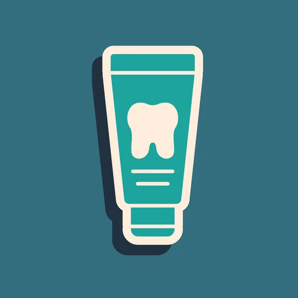 Green Tube Toothpaste Icon Isolated Green Background Long Shadow Style — Stockvektor