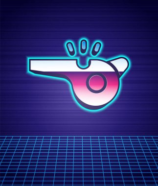 Retro stili Whistle simgesi gelecekten izole edilmiş manzara arka planı. Hakem sembolü. Spor ve spor burcu. 80 'lerin moda partisi. Vektör.