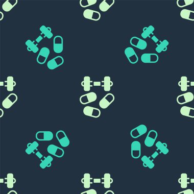 Green and beige Sports doping, anabolic drugs with dumbbell icon isolated seamless pattern on blue background. Anabolic steroids tablet. Pills in jar. Vector.