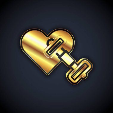 Siyah arka planda kalp ikonu olan Gold Dumbbell. Kas kaldırma, fitness halteri, spor malzemeleri. Vektör.