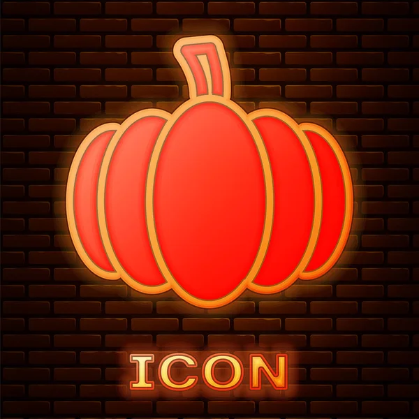 Glowing Neon Pumpkin Icon Isolated Brick Wall Background Happy Halloween — Stock Vector