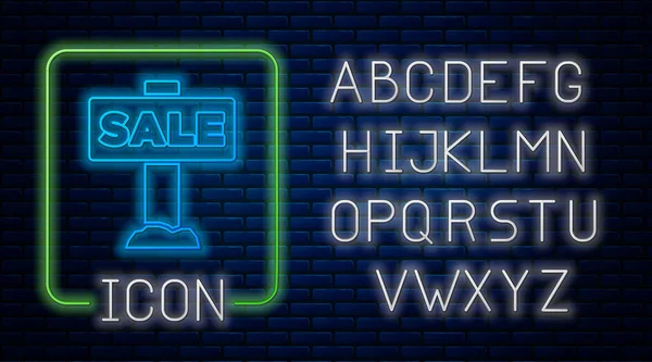 Gloeiende Neon Hangend Bord Met Tekst Sale Icoon Geïsoleerd Bakstenen — Stockvector