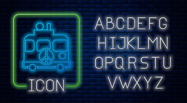 배경에 Glowing Neon Hippie 캠퍼밴 아이콘 전통적 버스로 라이트 알파벳 — 스톡 벡터