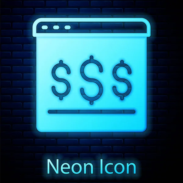 Glowing Neon Online Shopping Screen Icon Isolated Brick Wall Background — Stockvektor