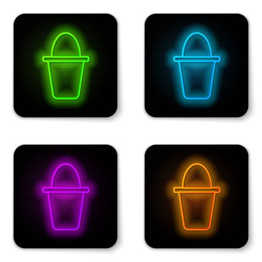 Beyaz arka planda parlayan neon hattı Balık Kovası simgesi izole edildi. Kovadaki balık. Siyah kare düğme. Vektör.