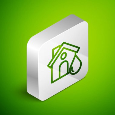 Isometric hattı ev sel ikonu yeşil arka planda izole. Suyun altındaki evi sel basıyor. Sigorta konsepti. Güvenlik, güvenlik, koruma, konsepti koruma...