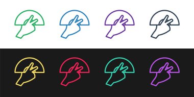 Açık fan flamenko aksesuar ikonuna sahip kadın eli siyah beyaz arka planda izole edildi. Vektör.