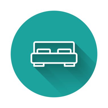 Beyaz çizgi. Uzun gölgeli iki ya da bir kişilik büyük yatak. Yeşil daire düğmesi. Vektör.