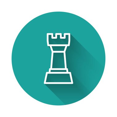 Beyaz çizgi satranç ikonu uzun gölge arkaplan izole. İş stratejisi. Oyun, yönetim, finans. Yeşil daire düğmesi. Vektör.