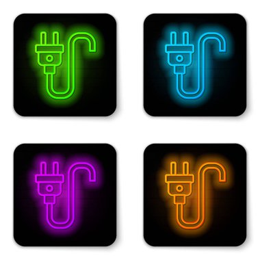 Parlayan neon hattı elektrik prizi simgesi beyaz arkaplanda izole edildi. Bağlantı kavramı ve elektriğin kesilmesi. Siyah kare düğme. Vektör.