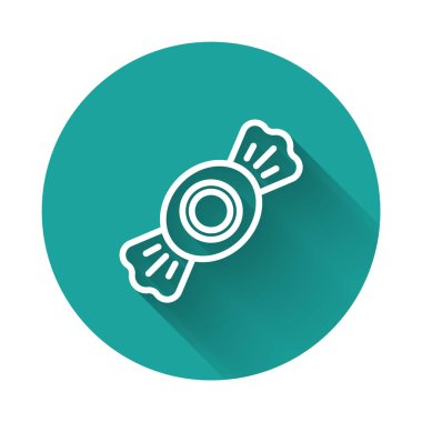 Beyaz çizgi Candy simgesi uzun gölge arkaplanı ile izole edildi. Yeşil daire düğmesi. Vektör.