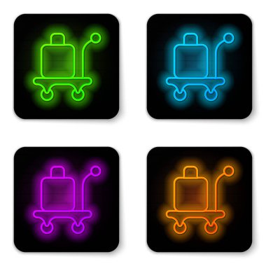 Glowing neon line Trolley suitcase icon isolated on white background. Traveling baggage sign. Travel luggage icon. Black square button. Vector.